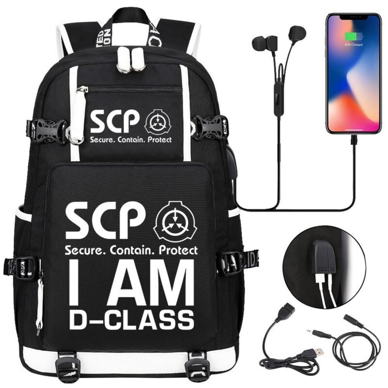 SCP Foundation Backpack SCP Foundation School Bag USB Laptop Bag D-class